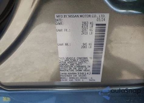 2024 Nissan Altima Sv Fwd из США, поврежденный, VIN 1N4BL4DV8RN398142